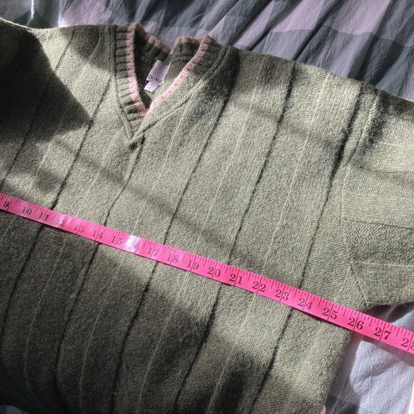 Vintage London Fog Sweater Mens L Green Wool Ribbed V-neck Academia Grandpa - Picture 6 of 7